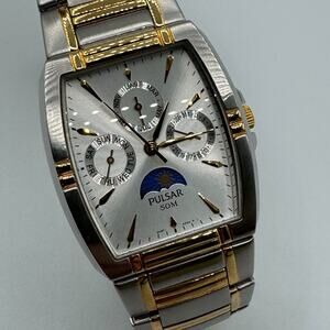 Pulsar By Seiko Moon Phase Triple Calendar Japan Quartz Watch VX3F-X002 Steel